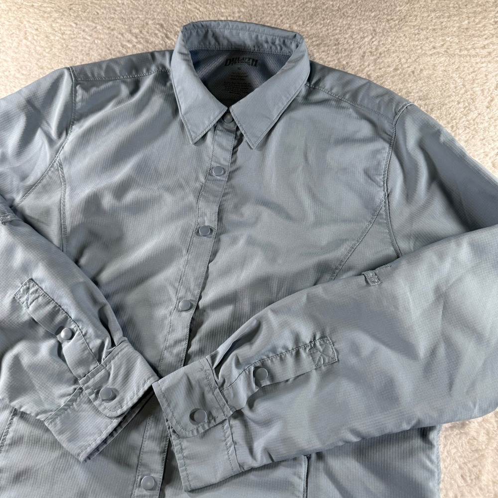 Duluth Trading Co Women's XL Fishing Shirt Snap Up‎ Gray Light Blue Long Sleeve